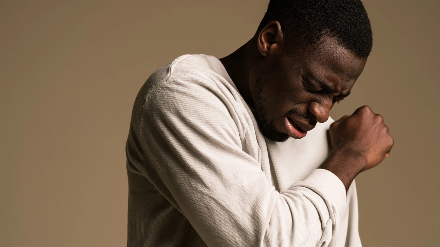 A person coughing into their elbow, with a slightly distressed expression, to visually represent the symptoms of respiratory issues.