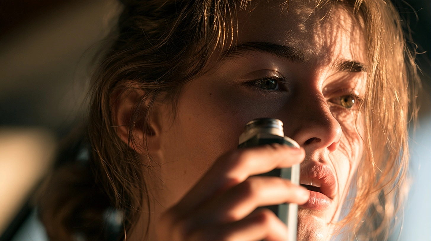 A person using an inhaler to treat a respiratory condition, with a focus on the medication delivery and the person breathing more easily.
