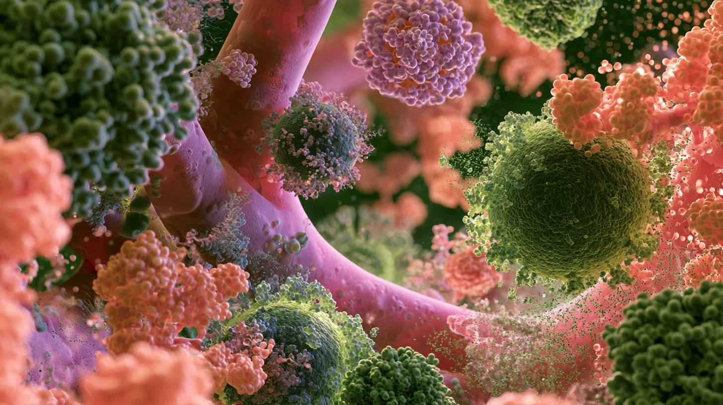 Microscopic view of viruses and bacteria interacting with bronchial tubes, illustrating the causes of bronchitis